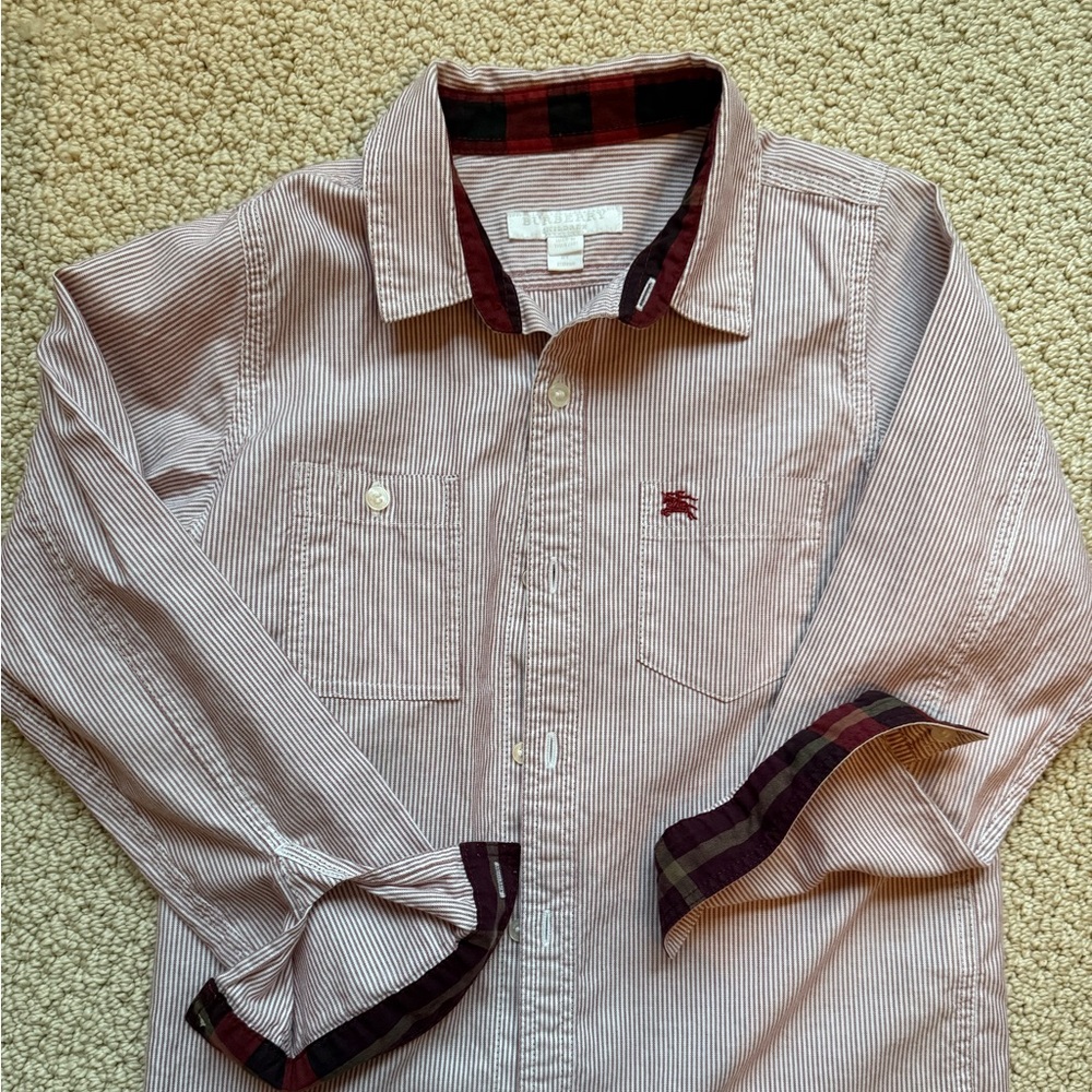 Boys 8Y Burberry Striped Shirt with Plaid Accents